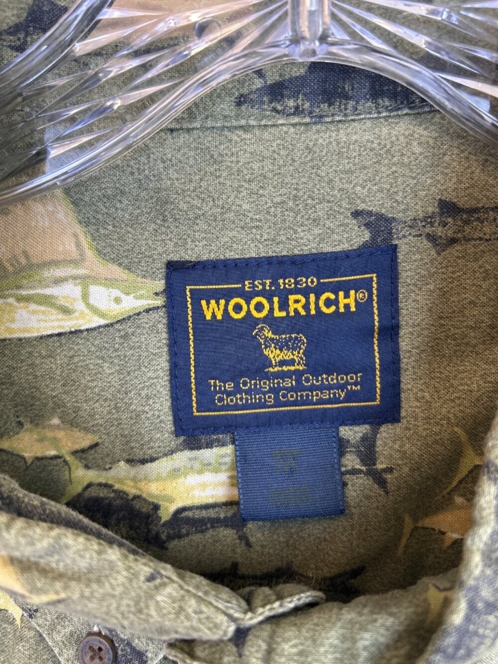Vtg Woolrich Sz 2XL Fish Print Button Up Shirt Long Sleeve Green Coastal Retro - Picture 2 of 9